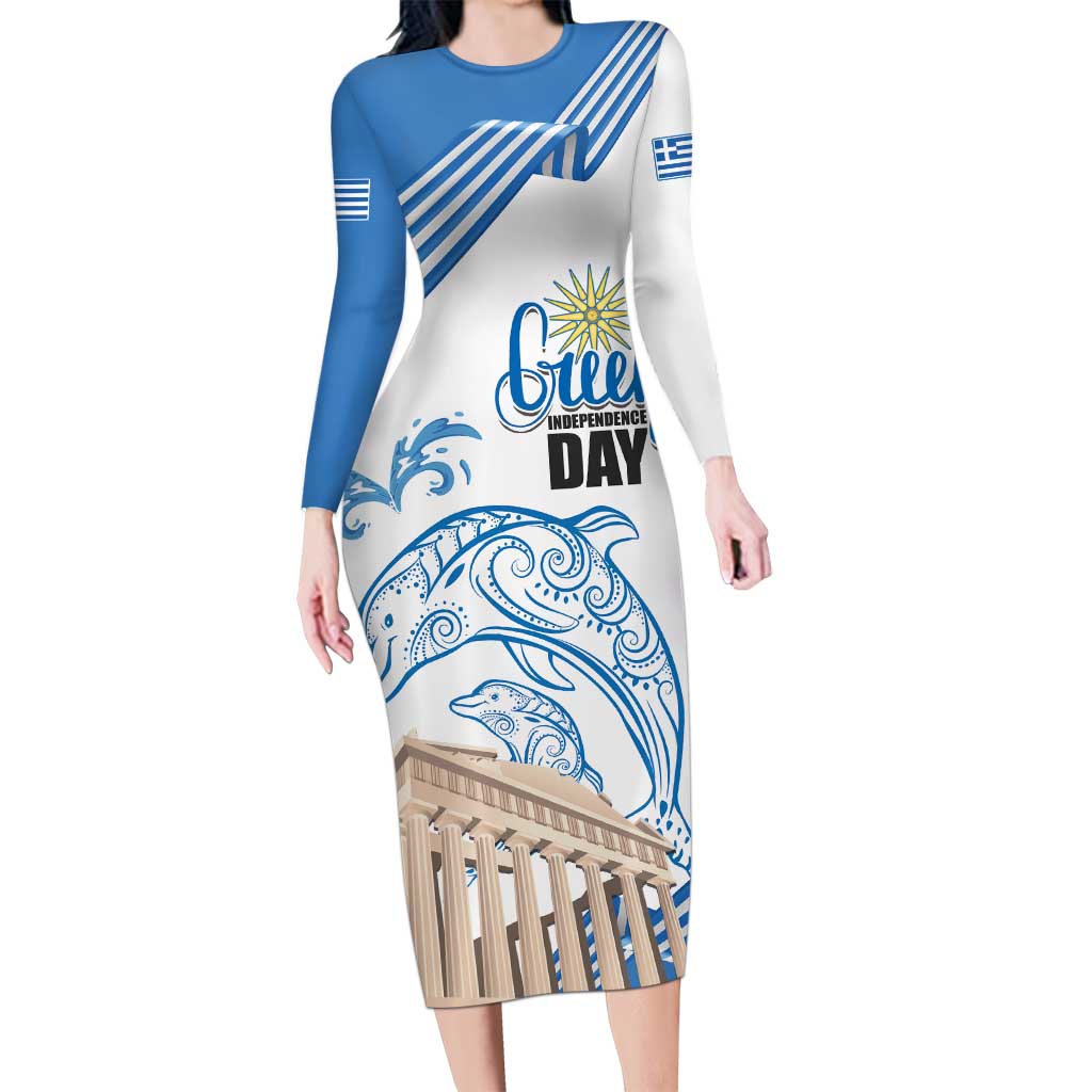 Personalized Greece Greek Independence Day Long Sleeve Bodycon Dress Dolphin and Parthenon