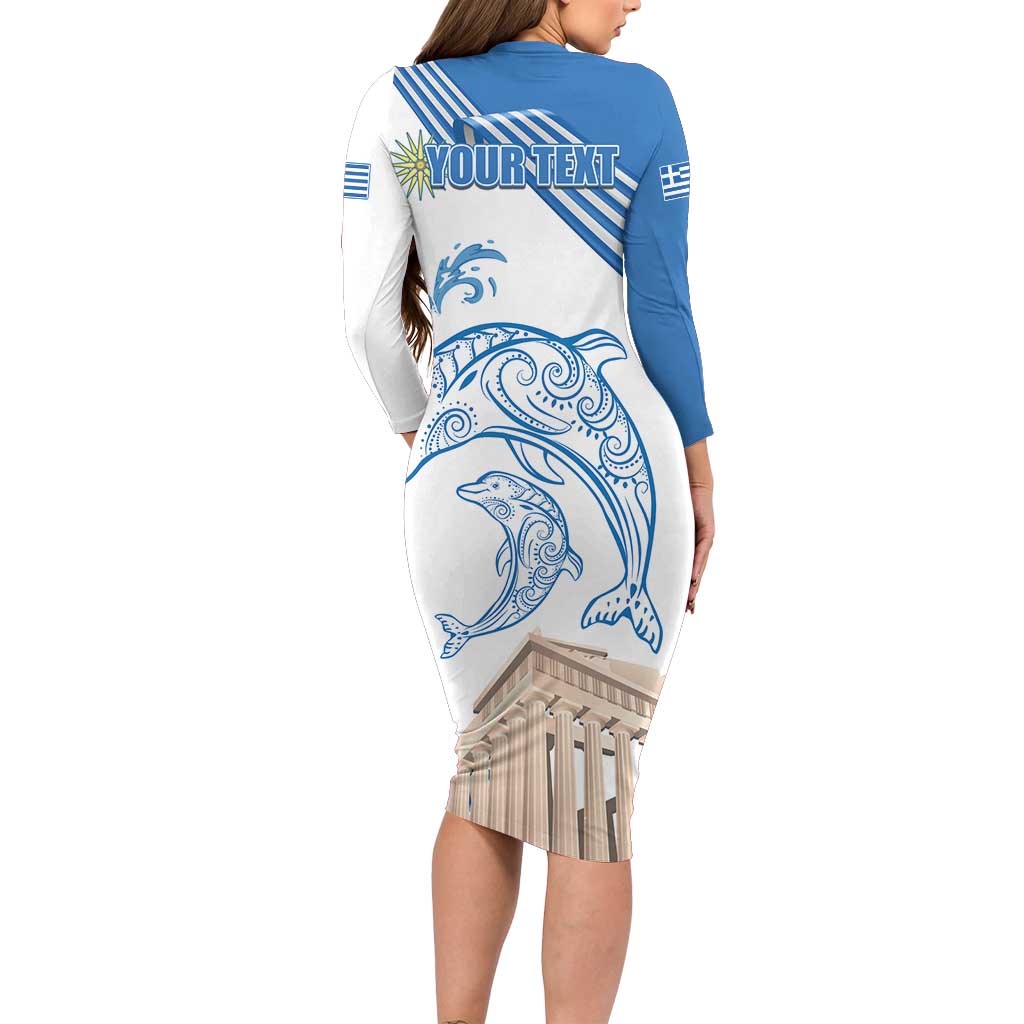 Personalized Greece Greek Independence Day Long Sleeve Bodycon Dress Dolphin and Parthenon