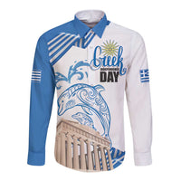 Personalized Greece Greek Independence Day Long Sleeve Button Shirt Dolphin and Parthenon