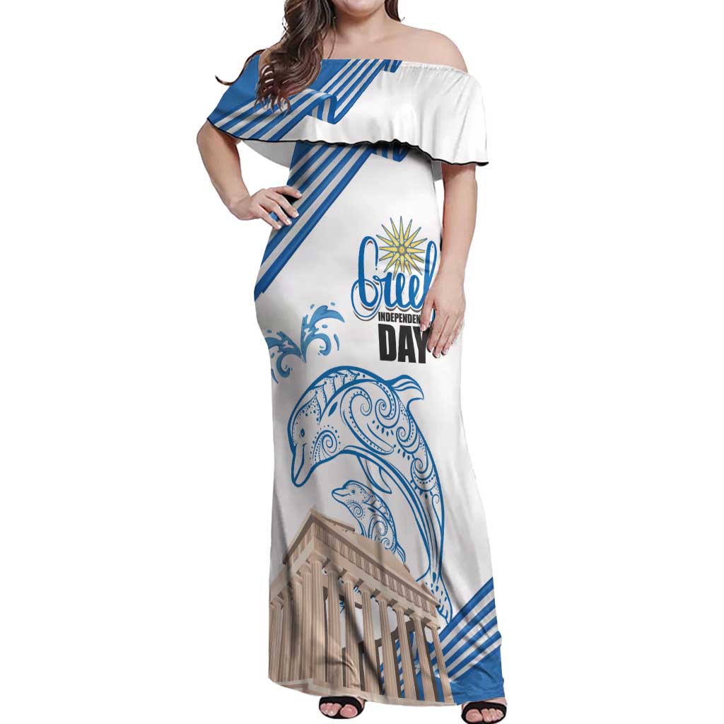 Personalized Greece Greek Independence Day Off Shoulder Maxi Dress Dolphin and Parthenon
