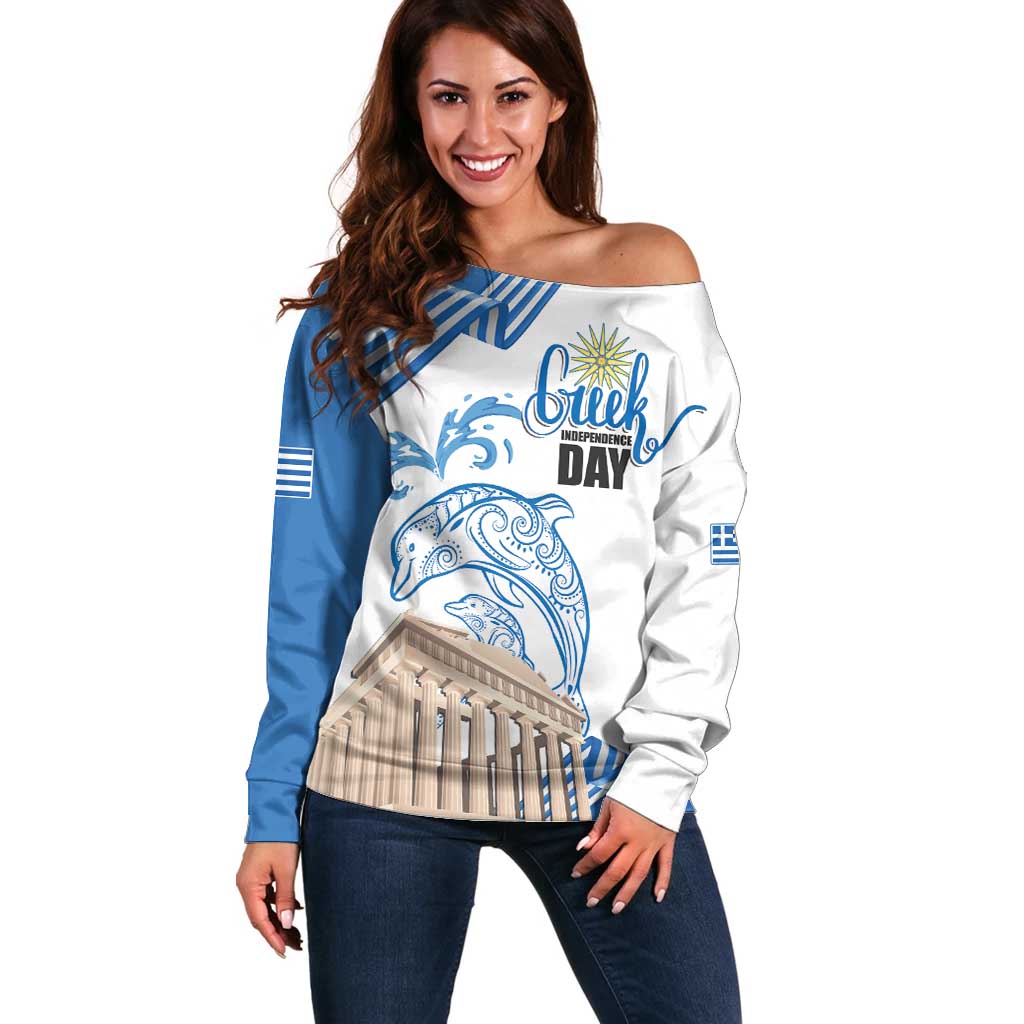 Personalized Greece Greek Independence Day Off Shoulder Sweater Dolphin and Parthenon