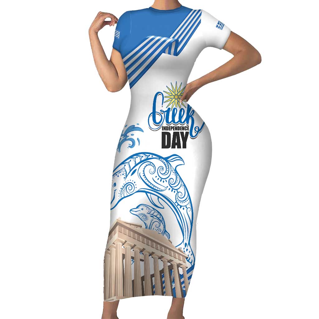 Personalized Greece Greek Independence Day Short Sleeve Bodycon Dress Dolphin and Parthenon