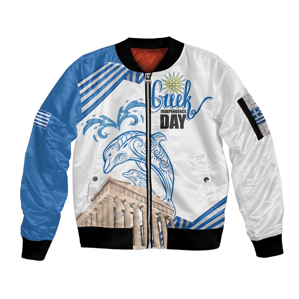 Personalized Greece Greek Independence Day Sleeve Zip Bomber Jacket Dolphin and Parthenon