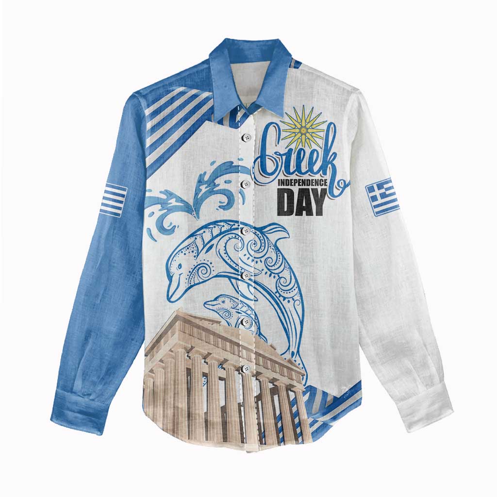 Personalized Greece Greek Independence Day Women Casual Shirt Dolphin and Parthenon