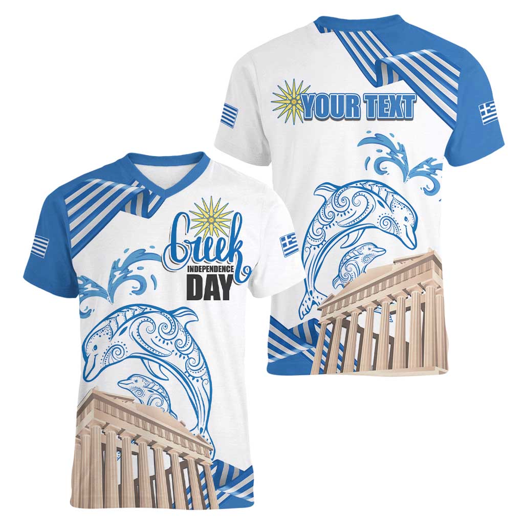 Personalized Greece Greek Independence Day Women V-Neck T-Shirt Dolphin and Parthenon