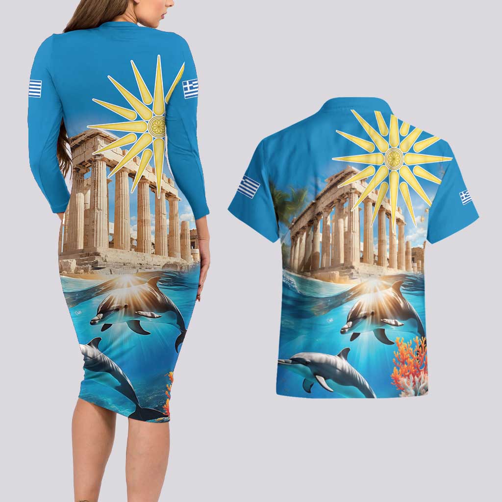 Greece Independence Day 25th March Couples Matching Long Sleeve Bodycon Dress and Hawaiian Shirt Scenery in Greece