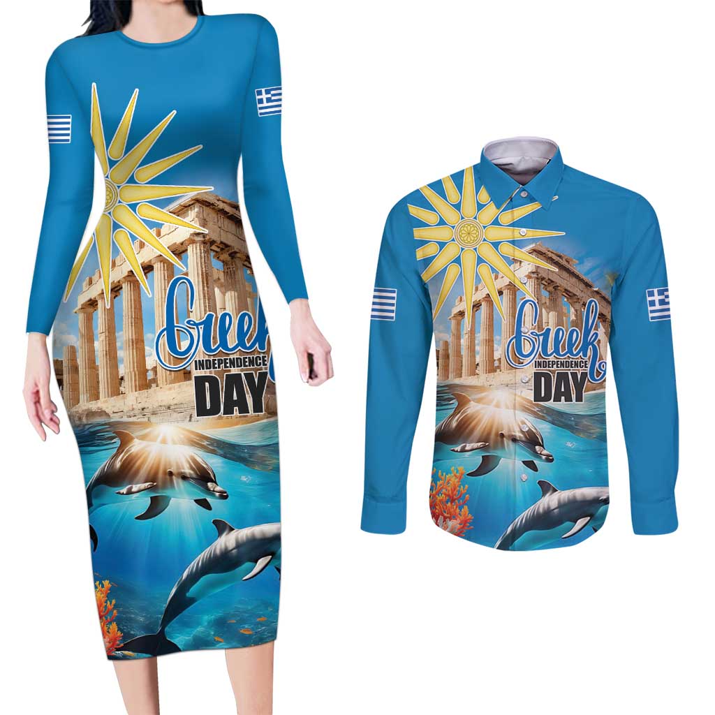 Greece Independence Day 25th March Couples Matching Long Sleeve Bodycon Dress and Long Sleeve Button Shirt Scenery in Greece