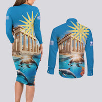 Greece Independence Day 25th March Couples Matching Long Sleeve Bodycon Dress and Long Sleeve Button Shirt Scenery in Greece