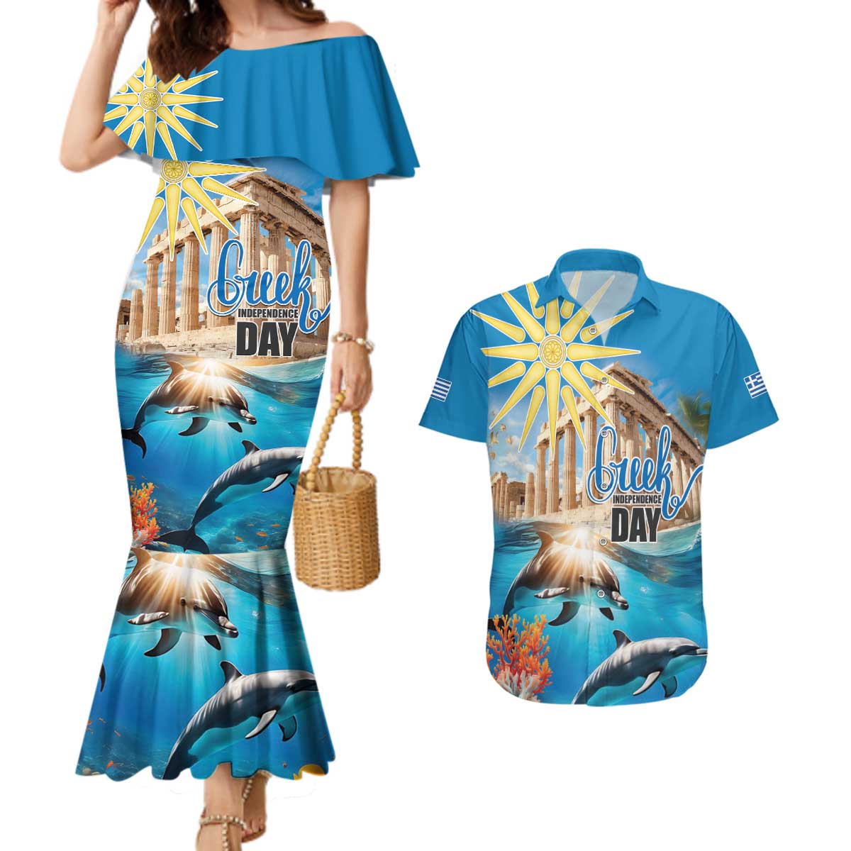 Greece Independence Day 25th March Couples Matching Mermaid Dress and Hawaiian Shirt Scenery in Greece