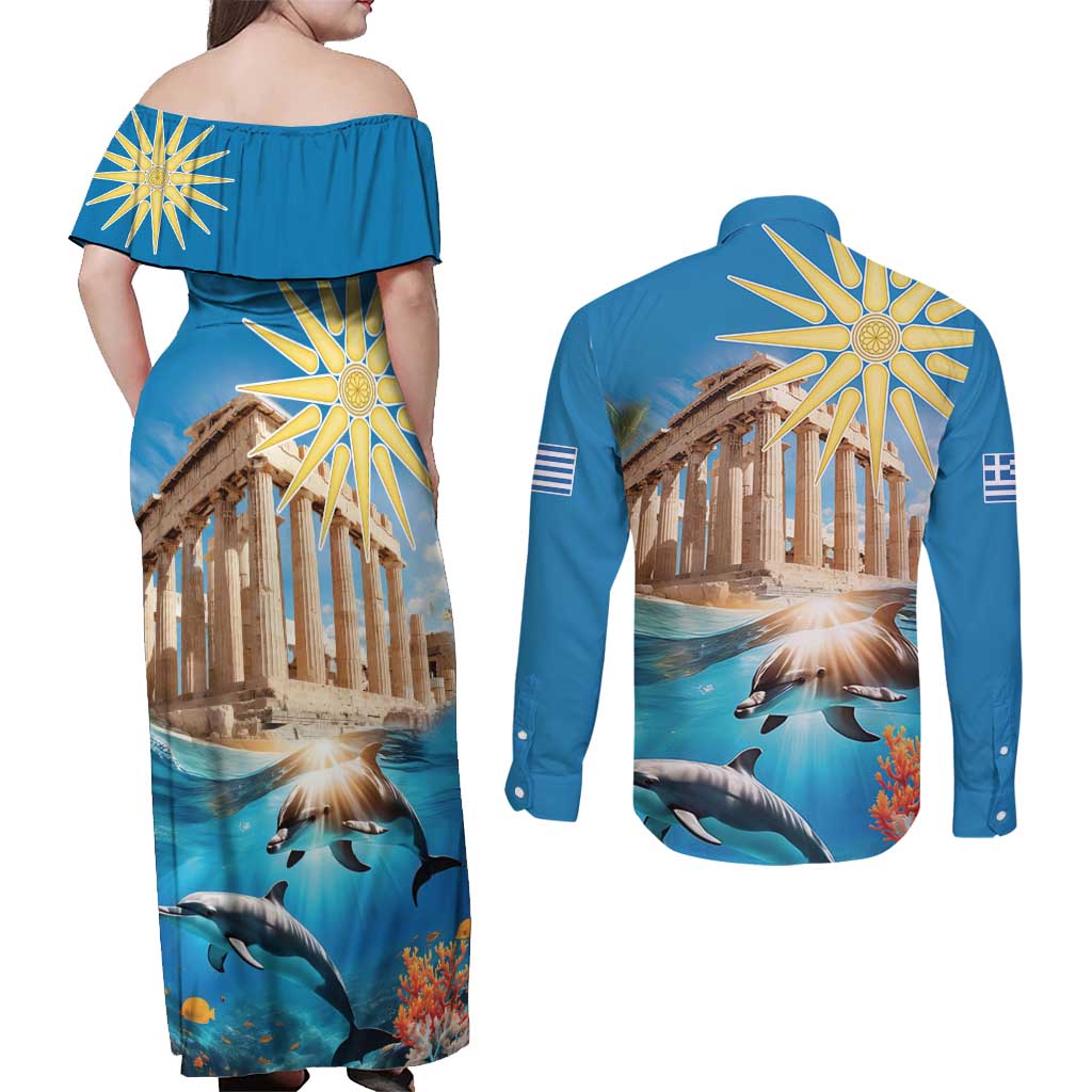 Greece Independence Day 25th March Couples Matching Off Shoulder Maxi Dress and Long Sleeve Button Shirt Scenery in Greece