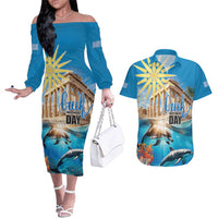 Greece Independence Day 25th March Couples Matching Off The Shoulder Long Sleeve Dress and Hawaiian Shirt Scenery in Greece