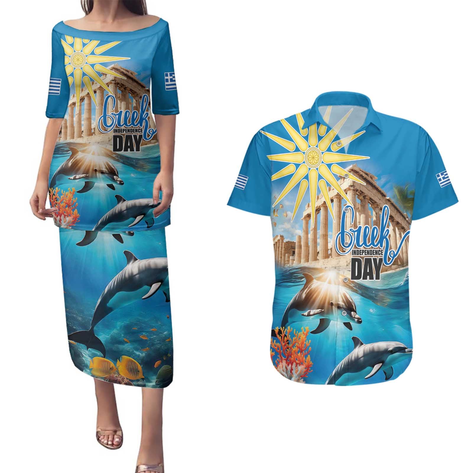 Greece Independence Day 25th March Couples Matching Puletasi and Hawaiian Shirt Scenery in Greece