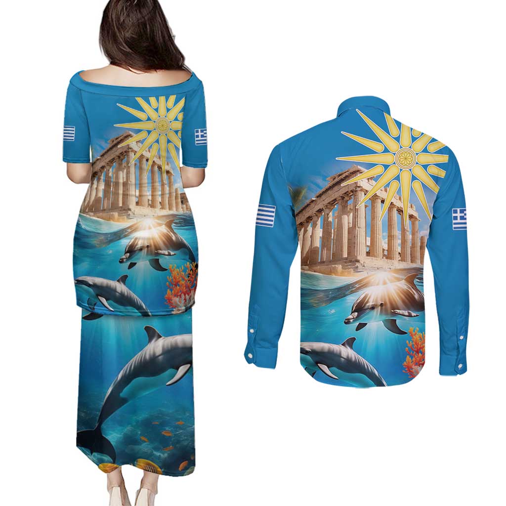 Greece Independence Day 25th March Couples Matching Puletasi and Long Sleeve Button Shirt Scenery in Greece