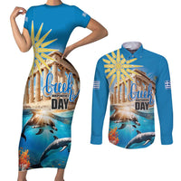 Greece Independence Day 25th March Couples Matching Short Sleeve Bodycon Dress and Long Sleeve Button Shirt Scenery in Greece