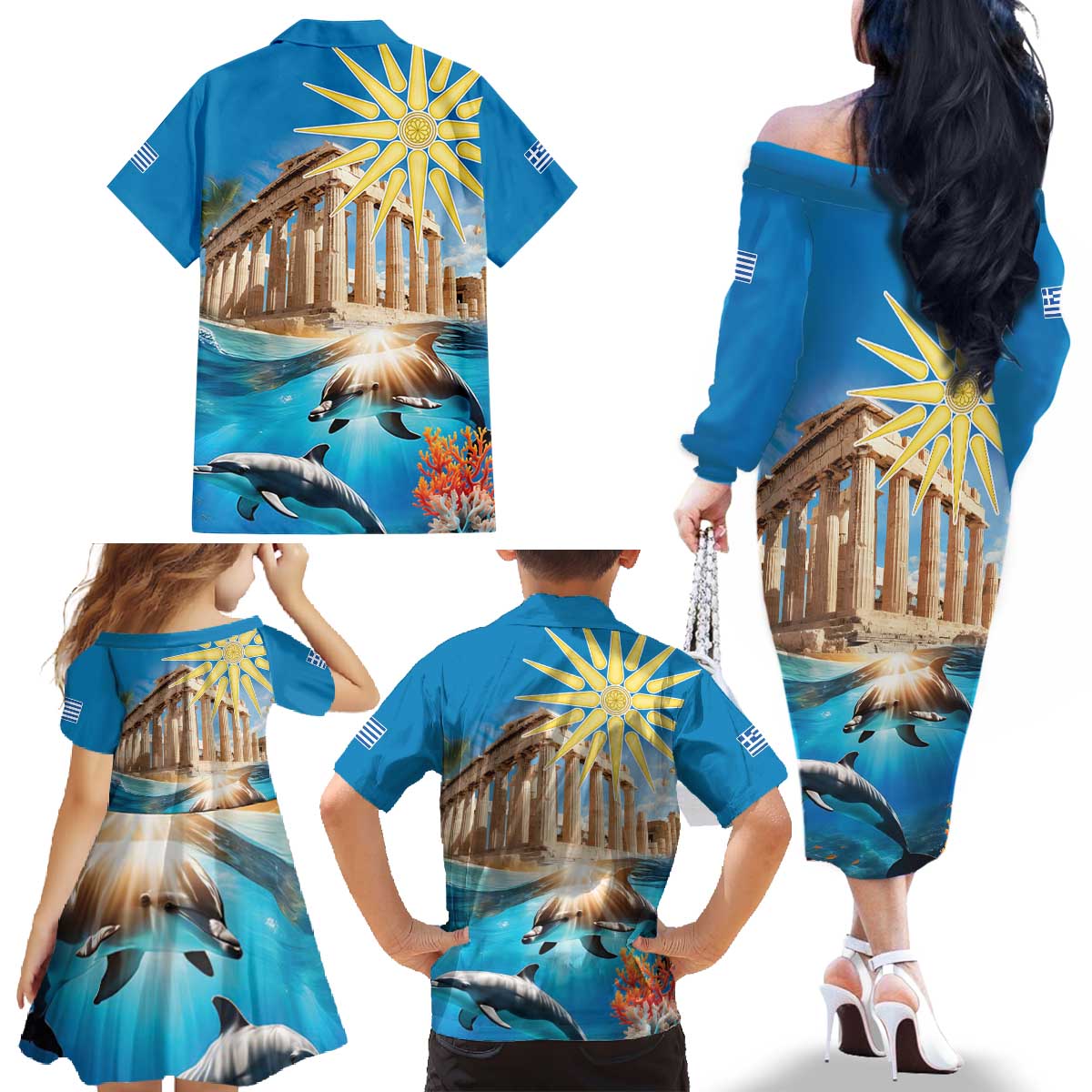 Greece Independence Day 25th March Family Matching Off The Shoulder Long Sleeve Dress and Hawaiian Shirt Scenery in Greece