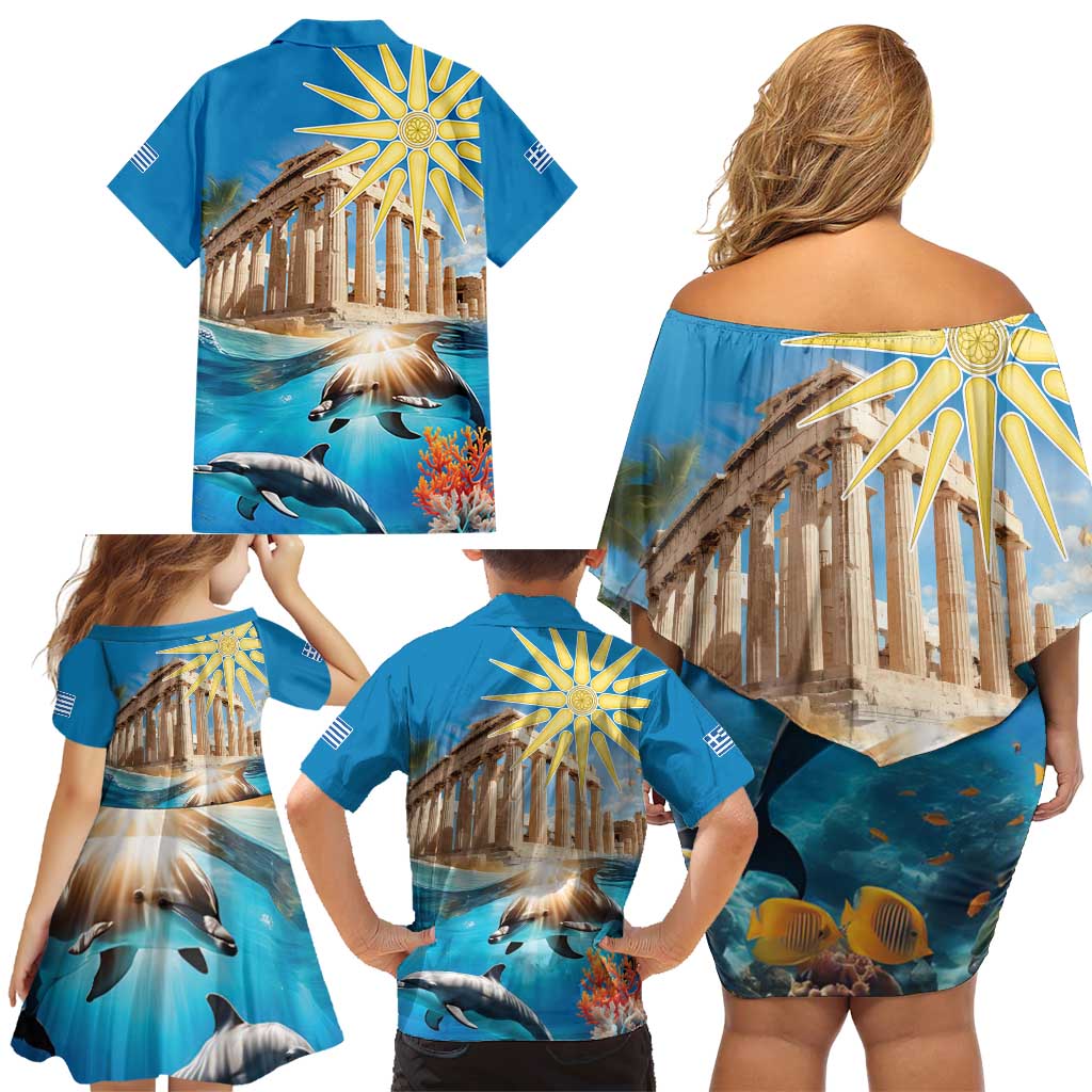 Greece Independence Day 25th March Family Matching Off Shoulder Short Dress and Hawaiian Shirt Scenery in Greece