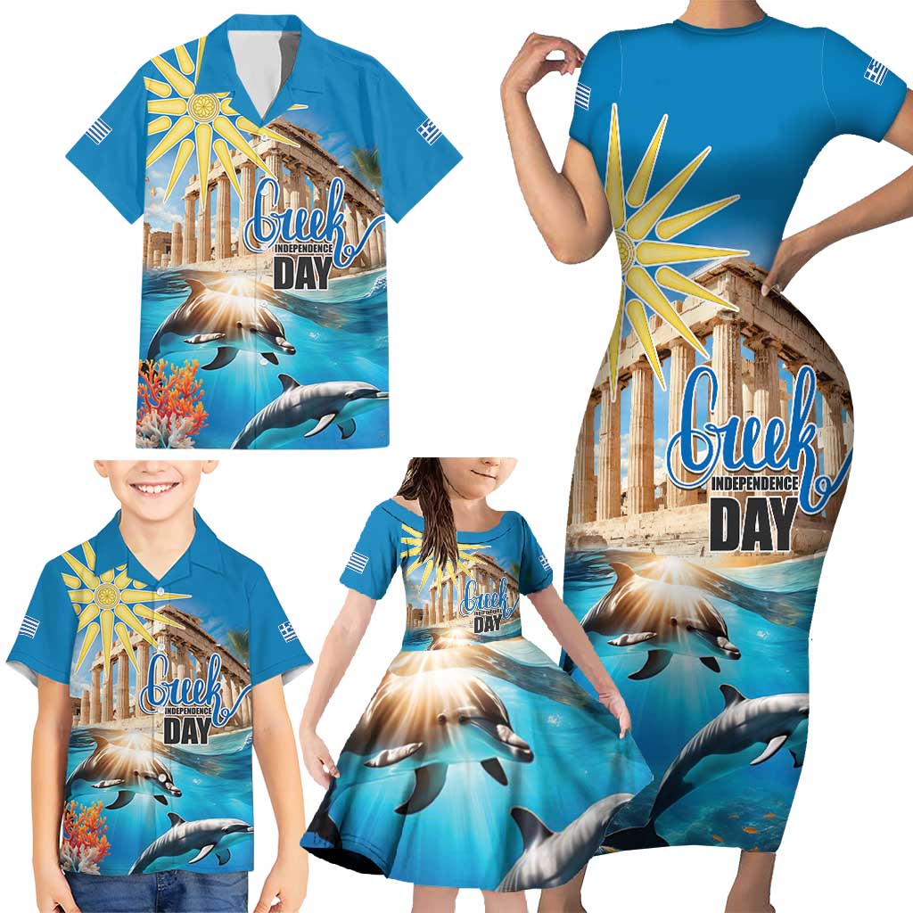 Greece Independence Day 25th March Family Matching Short Sleeve Bodycon Dress and Hawaiian Shirt Scenery in Greece