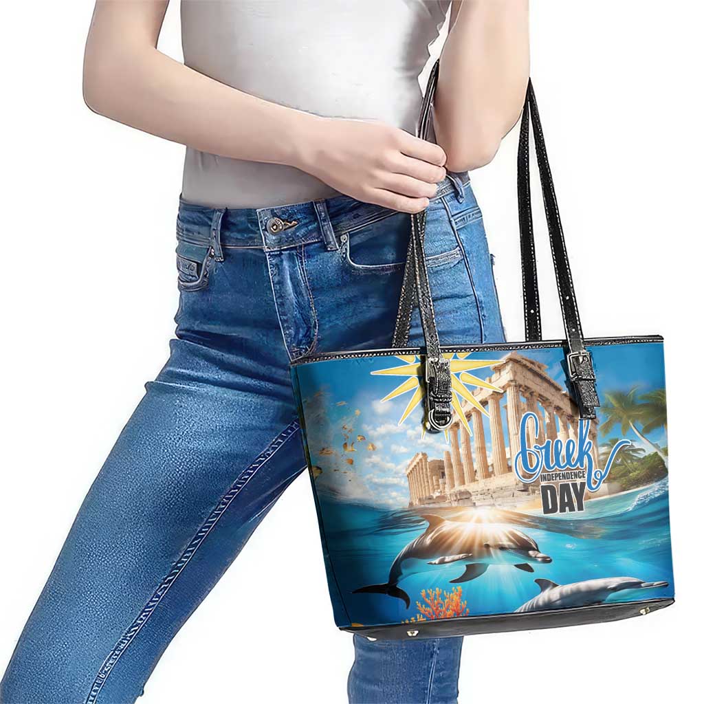 Greece Independence Day 25th March Leather Tote Bag Scenery in Greece
