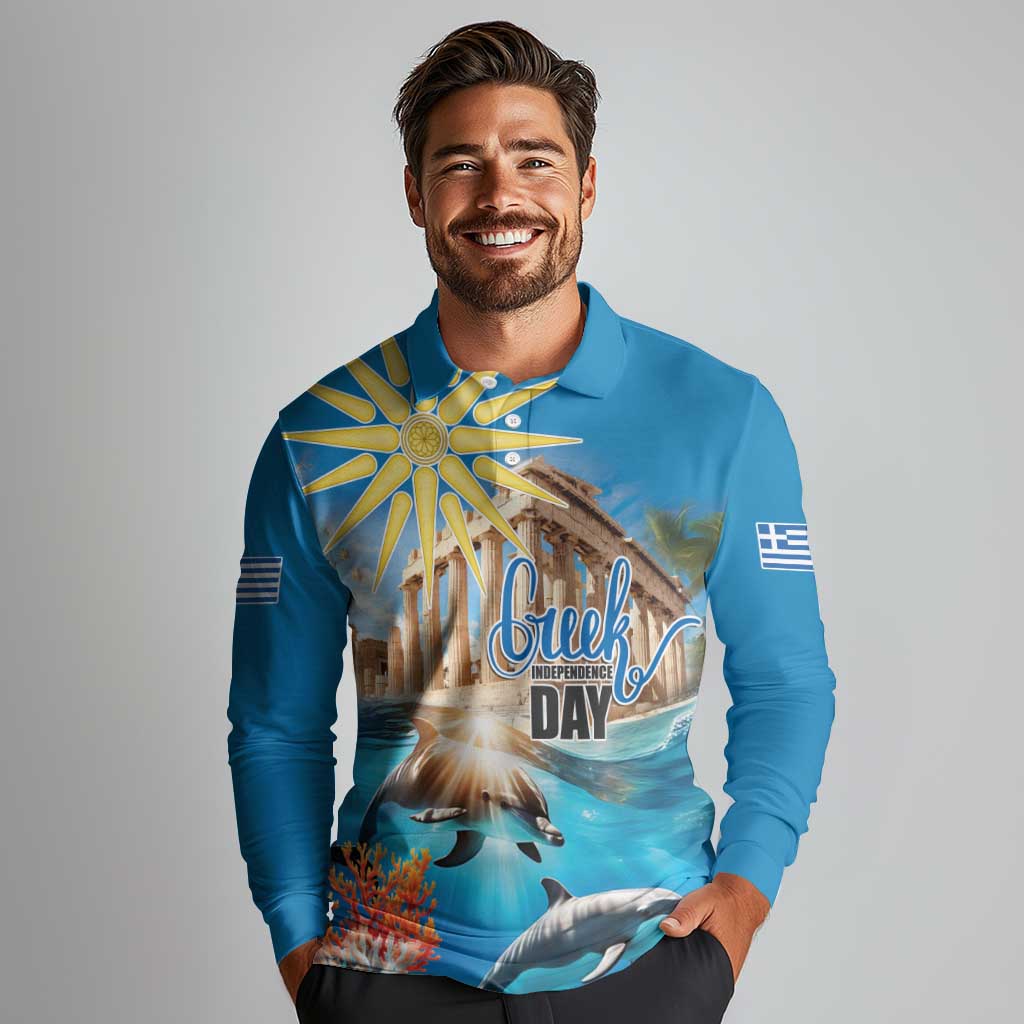Greece Independence Day 25th March Long Sleeve Polo Shirt Scenery in Greece