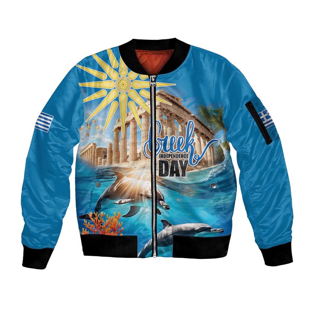 Greece Independence Day 25th March Sleeve Zip Bomber Jacket Scenery in Greece