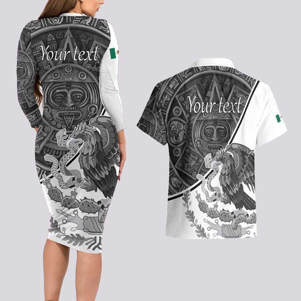 Personalized Mexico Aztec Calendar Couples Matching Long Sleeve Bodycon Dress and Hawaiian Shirt Flag and Coat of Arms