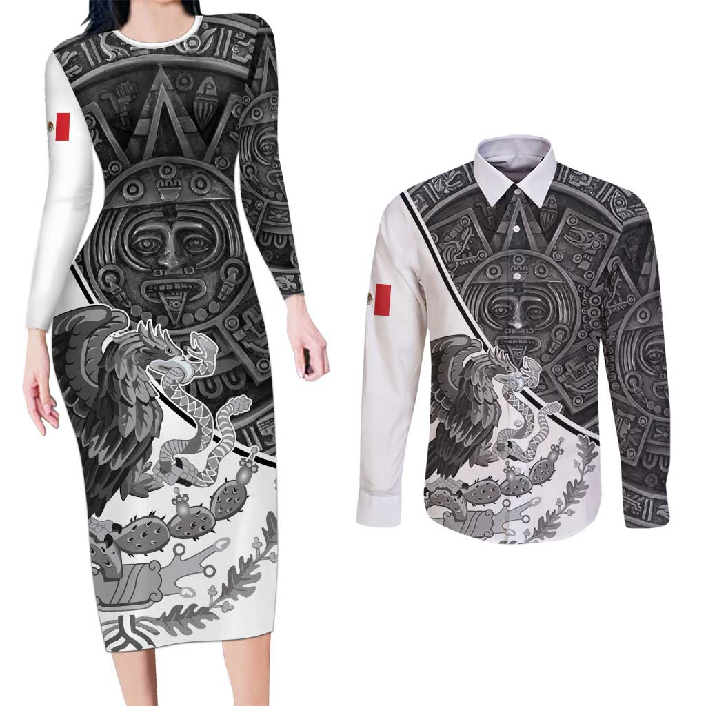 Personalized Mexico Aztec Calendar Couples Matching Long Sleeve Bodycon Dress and Long Sleeve Button Shirt Flag and Coat of Arms