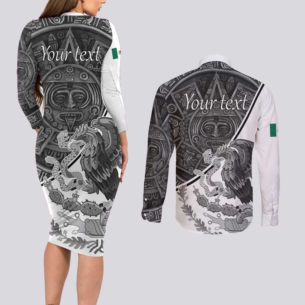 Personalized Mexico Aztec Calendar Couples Matching Long Sleeve Bodycon Dress and Long Sleeve Button Shirt Flag and Coat of Arms