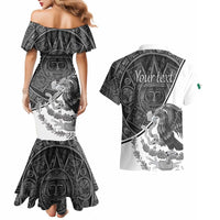 Personalized Mexico Aztec Calendar Couples Matching Mermaid Dress and Hawaiian Shirt Flag and Coat of Arms