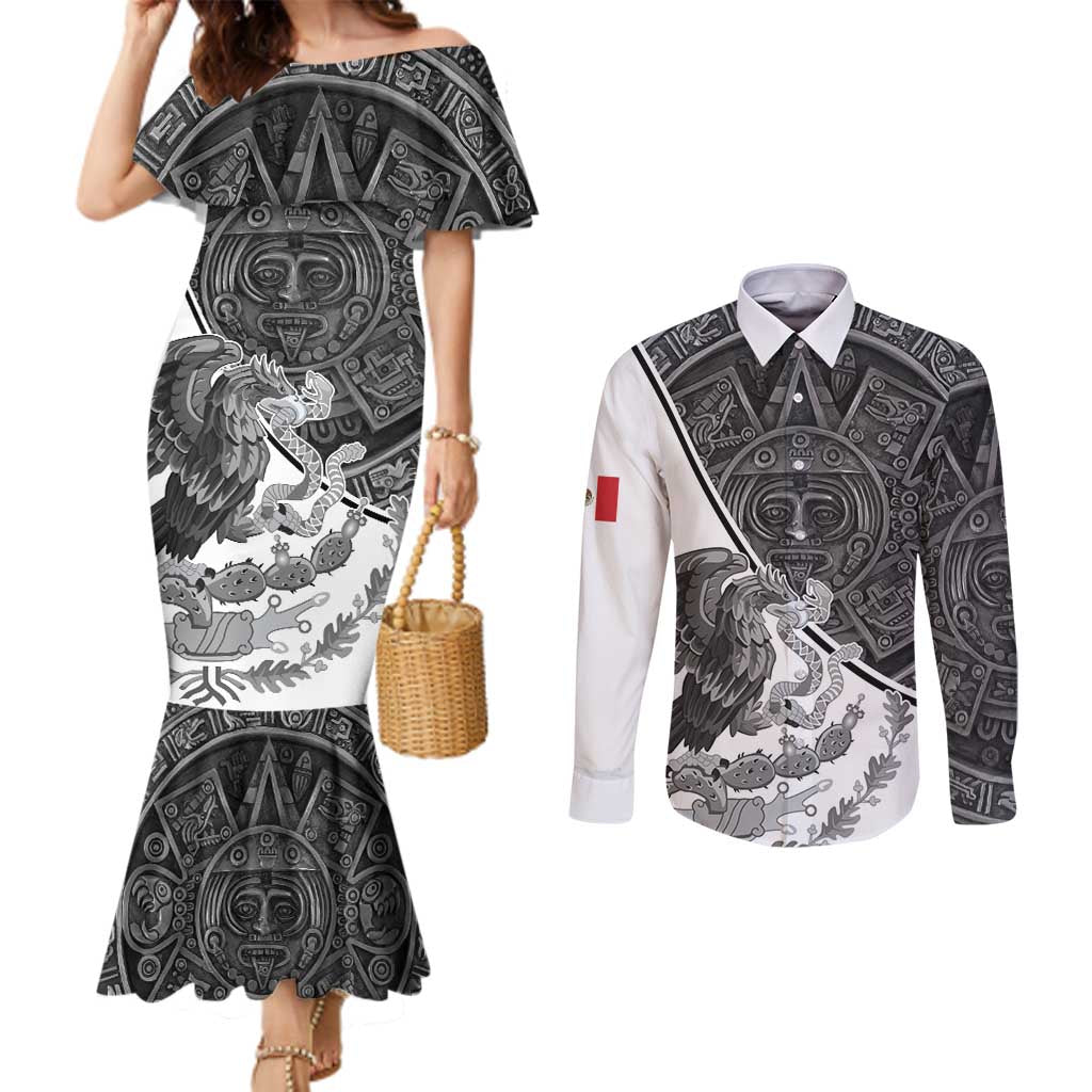 Personalized Mexico Aztec Calendar Couples Matching Mermaid Dress and Long Sleeve Button Shirt Flag and Coat of Arms