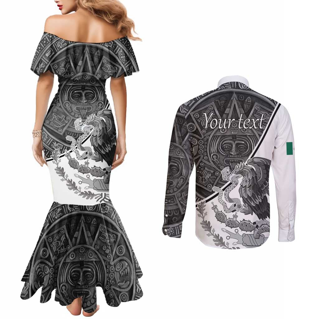 Personalized Mexico Aztec Calendar Couples Matching Mermaid Dress and Long Sleeve Button Shirt Flag and Coat of Arms