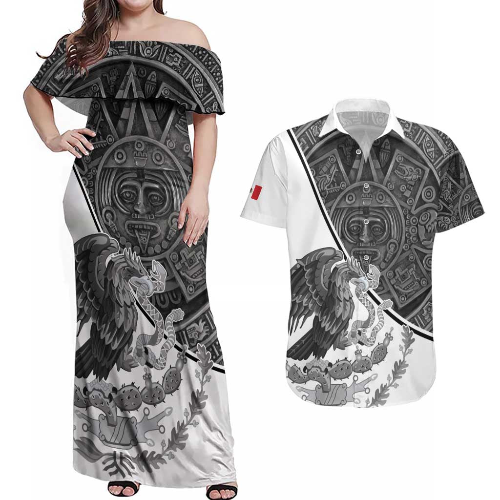 Personalized Mexico Aztec Calendar Couples Matching Off Shoulder Maxi Dress and Hawaiian Shirt Flag and Coat of Arms
