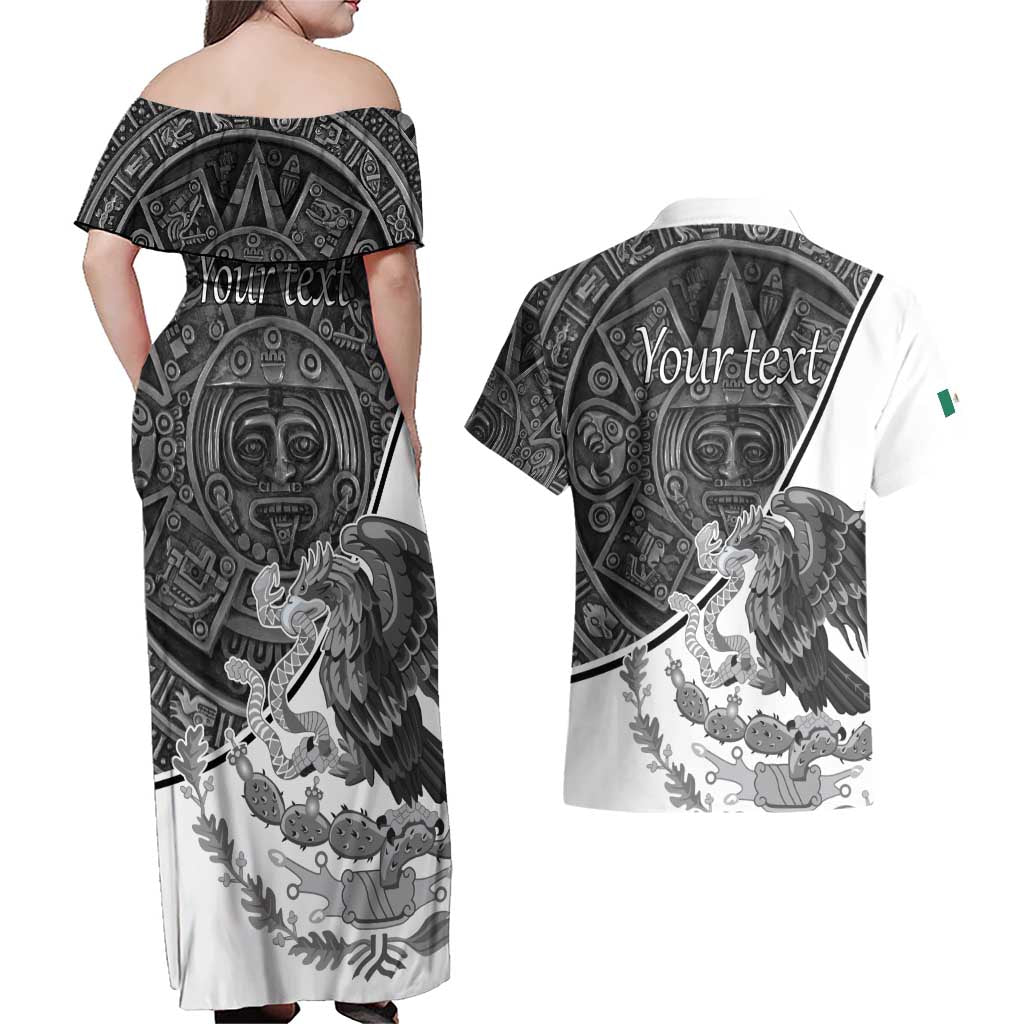 Personalized Mexico Aztec Calendar Couples Matching Off Shoulder Maxi Dress and Hawaiian Shirt Flag and Coat of Arms