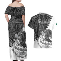 Personalized Mexico Aztec Calendar Couples Matching Off Shoulder Maxi Dress and Hawaiian Shirt Flag and Coat of Arms