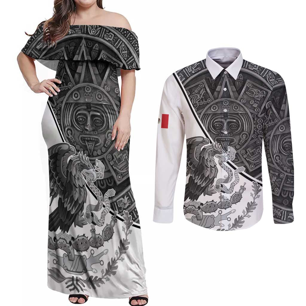 Personalized Mexico Aztec Calendar Couples Matching Off Shoulder Maxi Dress and Long Sleeve Button Shirt Flag and Coat of Arms