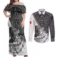 Personalized Mexico Aztec Calendar Couples Matching Off Shoulder Maxi Dress and Long Sleeve Button Shirt Flag and Coat of Arms
