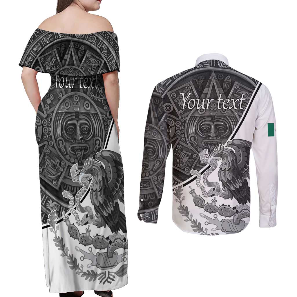 Personalized Mexico Aztec Calendar Couples Matching Off Shoulder Maxi Dress and Long Sleeve Button Shirt Flag and Coat of Arms