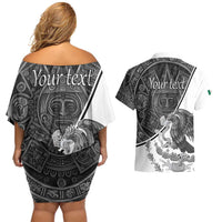 Personalized Mexico Aztec Calendar Couples Matching Off Shoulder Short Dress and Hawaiian Shirt Flag and Coat of Arms
