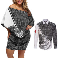 Personalized Mexico Aztec Calendar Couples Matching Off Shoulder Short Dress and Long Sleeve Button Shirt Flag and Coat of Arms