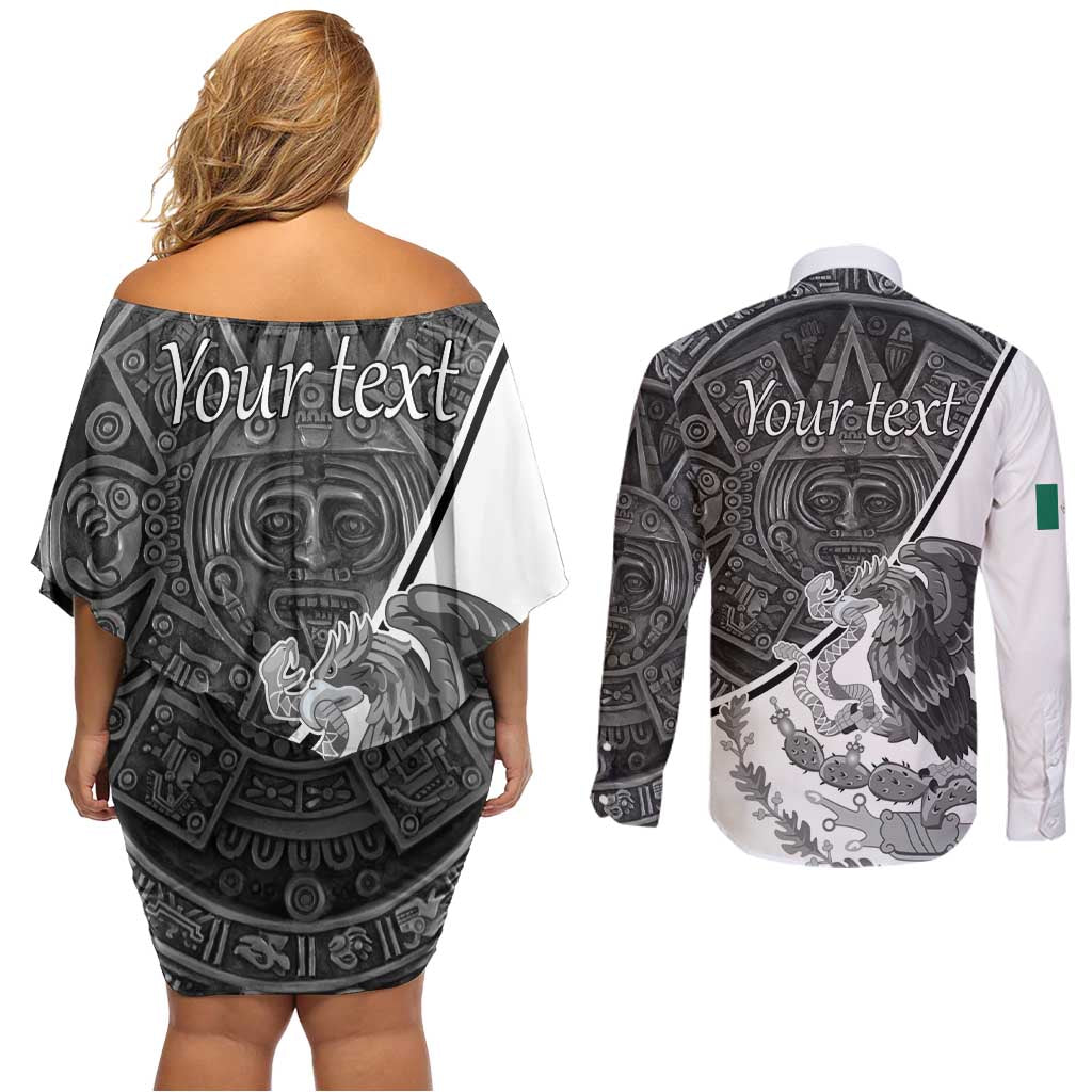 Personalized Mexico Aztec Calendar Couples Matching Off Shoulder Short Dress and Long Sleeve Button Shirt Flag and Coat of Arms