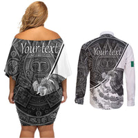 Personalized Mexico Aztec Calendar Couples Matching Off Shoulder Short Dress and Long Sleeve Button Shirt Flag and Coat of Arms