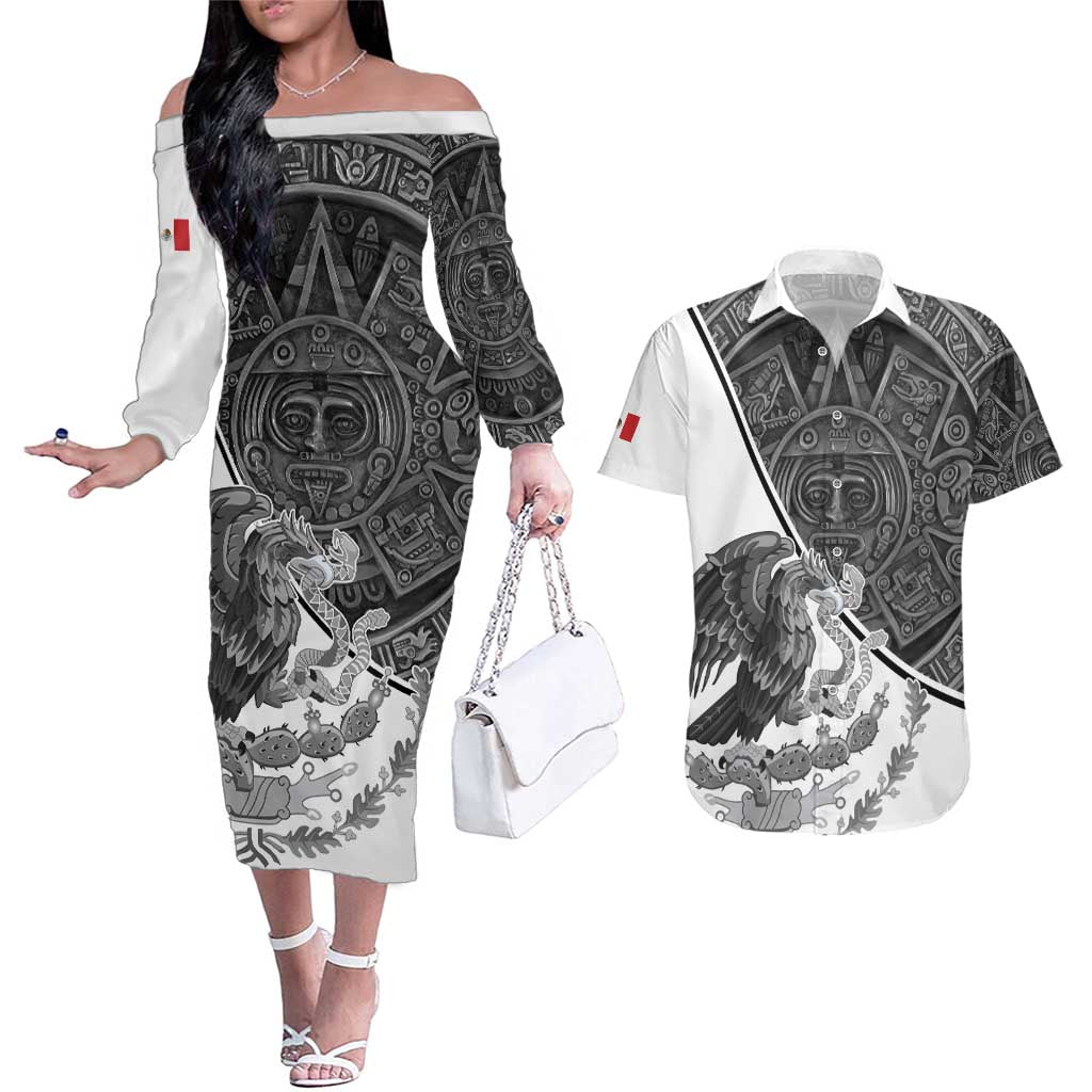 Personalized Mexico Aztec Calendar Couples Matching Off The Shoulder Long Sleeve Dress and Hawaiian Shirt Flag and Coat of Arms
