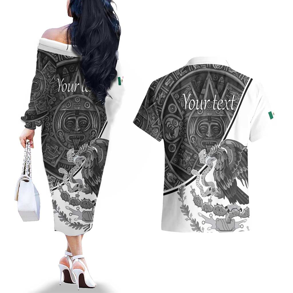 Personalized Mexico Aztec Calendar Couples Matching Off The Shoulder Long Sleeve Dress and Hawaiian Shirt Flag and Coat of Arms