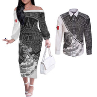 Personalized Mexico Aztec Calendar Couples Matching Off The Shoulder Long Sleeve Dress and Long Sleeve Button Shirt Flag and Coat of Arms