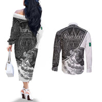 Personalized Mexico Aztec Calendar Couples Matching Off The Shoulder Long Sleeve Dress and Long Sleeve Button Shirt Flag and Coat of Arms