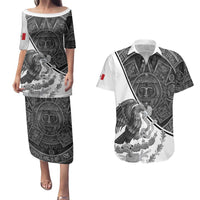 Personalized Mexico Aztec Calendar Couples Matching Puletasi and Hawaiian Shirt Flag and Coat of Arms