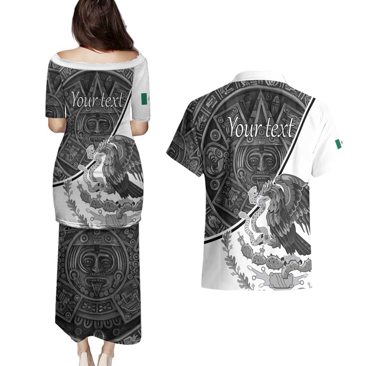 Personalized Mexico Aztec Calendar Couples Matching Puletasi and Hawaiian Shirt Flag and Coat of Arms