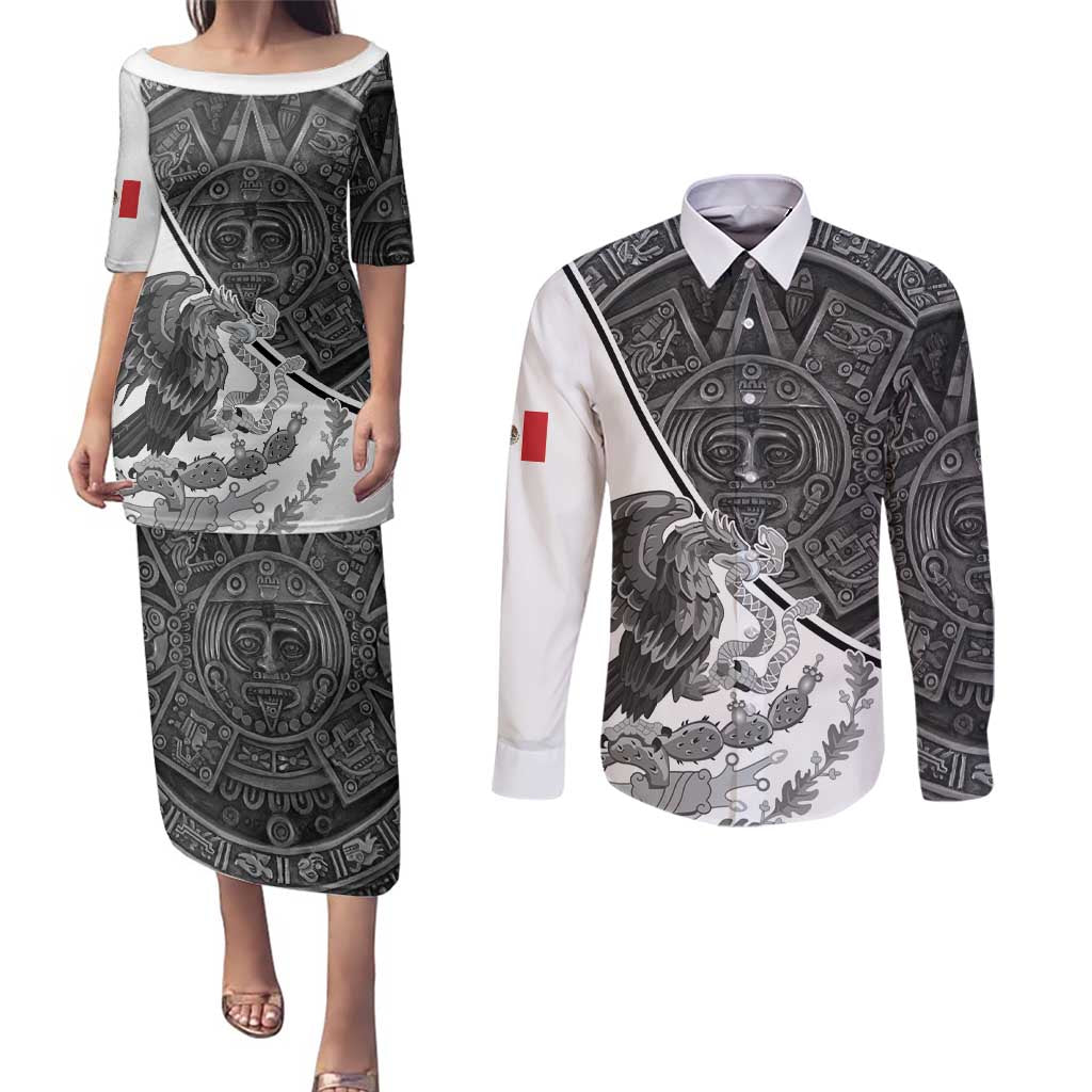 Personalized Mexico Aztec Calendar Couples Matching Puletasi and Long Sleeve Button Shirt Flag and Coat of Arms