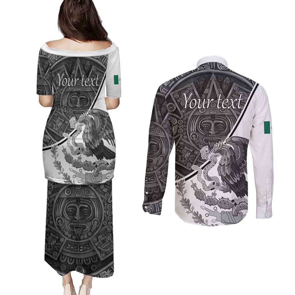 Personalized Mexico Aztec Calendar Couples Matching Puletasi and Long Sleeve Button Shirt Flag and Coat of Arms