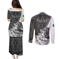 Personalized Mexico Aztec Calendar Couples Matching Puletasi and Long Sleeve Button Shirt Flag and Coat of Arms