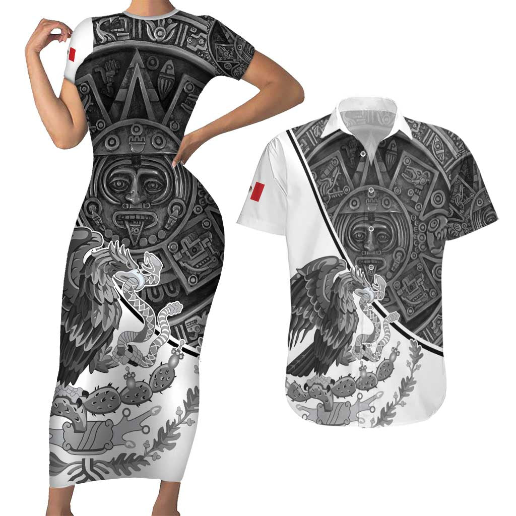 Personalized Mexico Aztec Calendar Couples Matching Short Sleeve Bodycon Dress and Hawaiian Shirt Flag and Coat of Arms